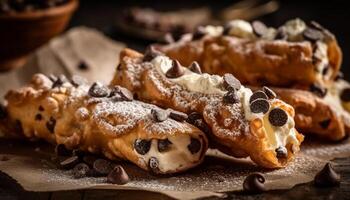 Homemade chocolate shortbread cookies on rustic wooden table generated by AI photo