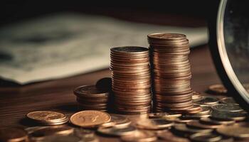 Stacks of currency and coins symbolize financial prosperity and growth generated by AI photo