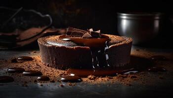 Freshly baked brownie on rustic wooden table photo