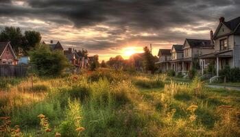 Sunset over rural landscape, meadow and tree in foreground generated by AI photo