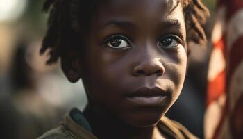 Smiling African American boy enjoying nature, looking at camera with confidence generated by AI photo