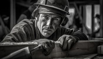 Old carpenter in workshop, focused on work tool and equipment generated by AI photo