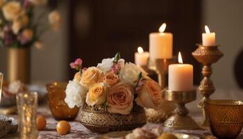 Romantic candlelight illuminates elegant flower arrangement on rustic table generated by AI photo