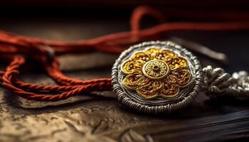 Antique gold necklace with ornate bead and embroidery decoration generated by AI photo