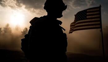 Army soldier standing backlit, saluting American flag at mountain peak generated by AI photo