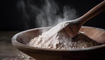 Organic flour heap on wooden table, perfect for healthy eating generated by AI photo