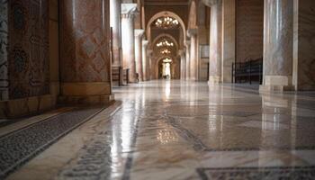 Ancient cathedral colonnade leads to vanishing point of spirituality generated by AI photo