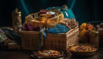 Abundance of homemade craft products in rustic wicker container generated by AI photo