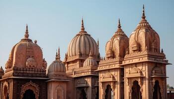 Ancient sandstone monument, ornate minaret, Indian culture, spirituality, tourism generated by AI photo