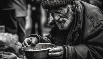 Begging man, hungry and sad, holding hand photo