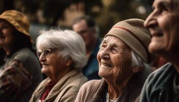 sonriente personas mayores disfrutar naturaleza, caminando y unión generativo ai foto