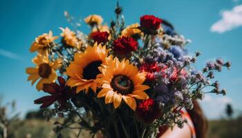 Yellow sunflower, close up beauty in nature photo