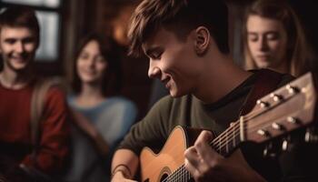 Young adults playing guitar, smiling in togetherness photo