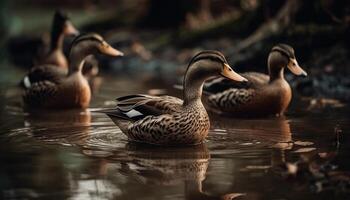 Mallard duck family swimming in tranquil pond photo