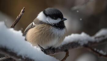 Great tit perching on snowy branch, close up photo