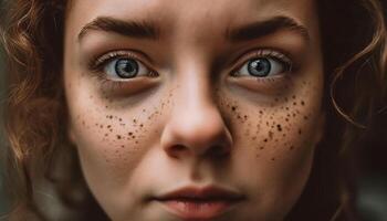 Young woman wet brown eyes reflect sadness photo