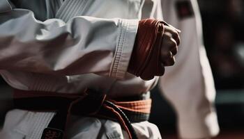 Expert male athlete practicing taekwondo with determination photo