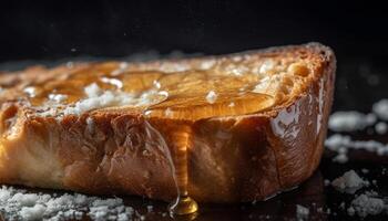 Freshly baked sweet pie on rustic wood plate photo