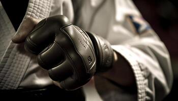 Muscular businessman punches with protective leather glove photo