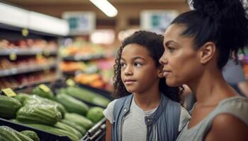 Happy young women bonding while grocery shopping together photo