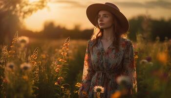 joven mujer disfruta naturaleza belleza a puesta de sol generativo ai foto