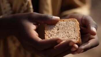 Hand holding fresh homemade bread slice outdoors photo