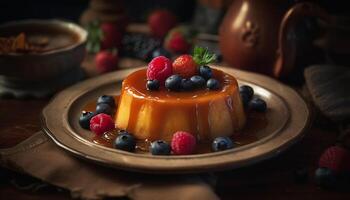 Sweet berry cheesecake on rustic wooden plate photo