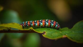 Multi colored caterpillar crawls on green leaf photo
