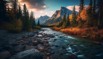 Majestic rocky mountains reflect tranquil sunset colors photo