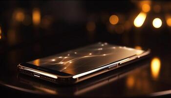 Shiny mobile phone on wooden table indoors photo