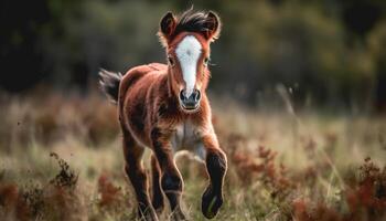 Cute foal running in green meadow photo