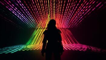 Glowing neon shapes illuminate futuristic nightclub performance photo