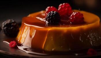 Indulgent cheesecake with raspberry and chocolate sauce photo