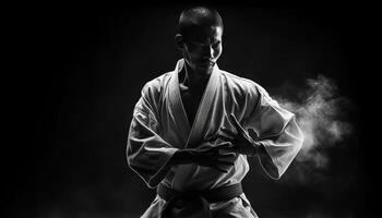 negro cinturón atleta practicando jiujitsu con determinación generativo ai foto