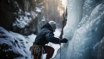 montaña trepador conquista congelado pico con determinación generativo ai foto
