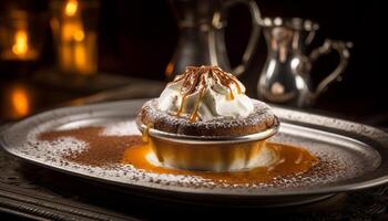 Indulgent dessert on rustic wood table background photo