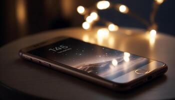 Portable information device on wooden table indoors photo