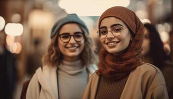 Two young women smiling outdoors in winter photo