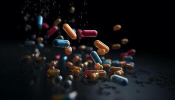 Colorful pills spill, tempting addiction and excess photo