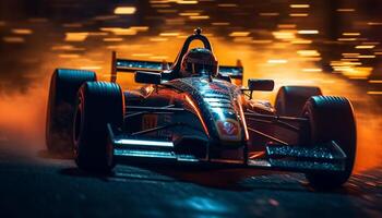 Luxury sports car driving on illuminated race track generative AI photo