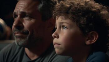 Father and son smiling, close up portrait photo