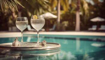 Refreshing cocktail by the pool, luxury vacation photo