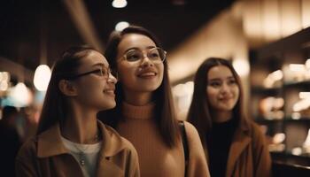 joven mujer sonriente, disfrutando la vida nocturna con amigos generativo ai foto