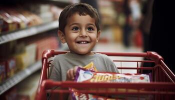 sonriente caucásico chico participación Fruta en supermercado pasillo generativo ai foto