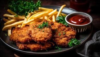 Grilled meat and fries on a plate photo