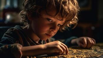 Smiling boy playing with toy in kitchen photo