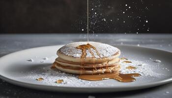 Stack of homemade pancakes with honey syrup drop photo