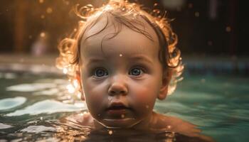 linda caucásico bebé salpicaduras en nadando piscina divertido generativo ai foto