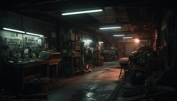 Men working in dark metal workshop indoors photo