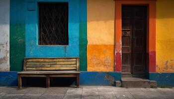 Weathered wood bench sits empty in city park photo